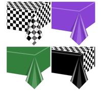 4Pcs Race Car Black White Checkered Tablecloths - 51 x 86.6" Green Purple Truck Theme Plastic Table Cover, Rectangular Monster Truck Table Decorations for Kids Baby Shower Birthday Party Supplies