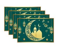 4PCS Ramadan Kareem Placemat Green, Eid Mubarak Gold Moon Star Mosque Place Mats, Washable Linen Dining Table Place Mats for Islamic Muslim Iftar Party Kitchen Table Home Decoration,12x18