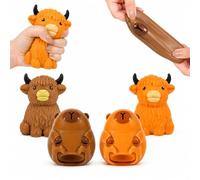 4pcs Random Squishy Toy Set - 2x Capybara & 2x Highland Cow, Soft Quick-Rising Squeeze with Glossy Finish, Fidget Sensory Stress Relief Toys for Kids & Adults, Cute Kawaii Animal Gift Bundle