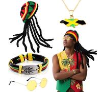 4Pcs Rasta Costume Accessories Set, Jamaican Hat with Dreadlocks Necklace Yellow Glasses Braided Bracelet Caribbean Reggae Fancy Dress for Women Men Party Cosplay Masquerade Halloween Carnival