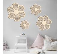 4pcs Rattan Wooden Daisies Wall Decor, Boho Daisy Wall Decor Wooden Daisy Nursery Decor Special Floral Rattan Wall Art for Girls Boys Bedroom Home Decor