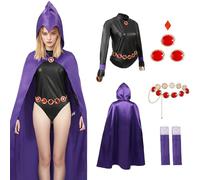 4Pcs Raven Costume Women Superhero Raven Cape Anime Costume with Waist Belt Gloves Accessories for Halloween Cosplay (L)