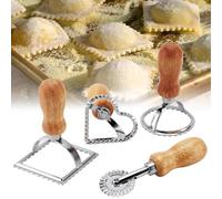 4Pcs Ravioli Stamp Maker Cutter, Ravioli Cutter Set with Wooden Handle and Fluted Edge Pasta Maker Mold with Pastry Cutter Wheel Kitchen Attachment for Making Ravioli Cookies Dumplings