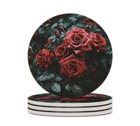 4PCS Red and Black Rose Coasters Non-Slip Round Drink Coasters with Ceramic Stone and Cork Base, Heat Resistant Absorbent 33.00Stone Coaster Set for Kinds of Mugs and Cups, 4 Inch