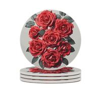 4PCS Red Rose Flower Cluster Coasters Non-Slip Round Drink Coasters with Ceramic Stone and Cork Base, Heat Resistant Absorbent 33.00Stone Coaster Set for Kinds of Mugs and Cups, 4 Inch