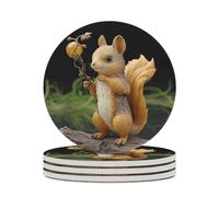 4PCS Resin Squirrel Coasters Non-Slip Round Drink Coasters with Ceramic Stone and Cork Base, Heat Resistant Absorbent 33.00Stone Coaster Set for Kinds of Mugs and Cups, 4 Inch