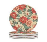 4PCS Retro Flower Coasters Non-Slip Round Drink Coasters with Ceramic Stone and Cork Base, Heat Resistant Absorbent 33.00Stone Coaster Set for Kinds of Mugs and Cups, 4 Inch