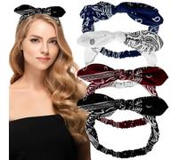4PCS Retro Head Scarf for Women, Elastic Paisley Bandanas Rabbit Ears Headbands Adjustable Headwraps Hair Accessories Bow Hair Tie for Women Girl Party Yoga Running Fitness Daily Wear Carnival
