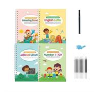 4Pcs Reusable Grooved Handwriting Practice Books,4-in-1 Large Magic Grooved Writing Practice Set, MagicPractice Copybook with Disappearing Ink Pens Pencil Grips for Ages 3-5 (Set A)