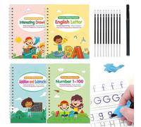 4Pcs Reusable Grooved Handwriting Practice Books, Large Magic Grooved Handwriting Practice, Number Letter Tracing Workbooks, Magic Practice Copybook with Disappearing Ink Pens Pencil Grips
