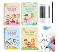 4Pcs Reusable Grooved Handwriting Practice Books, Large Magic Grooved Handwriting Practice, Number Letter Tracing Workbooks, Magic Practice Copybook with Disappearing Ink Pens Pencil Grips