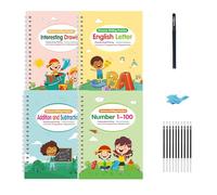 4Pcs Reusable Magic Grooved Handwriting Practice Books - Large Tracing Workbooks for Numbers/Letters/Sight Words, Kit with Disappearing Ink Pens & Pencil Grips
