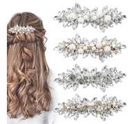 4Pcs Rhinestone Hair Clips Silver Gold Crystal Prom Barrettes Fancy Flower French Hairpins Sparkle Wedding Prom First Communion Accessories for Women Girls Bridal Thick Long Hair