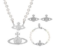 4PCS Rhinestone Planet Saturn Pearl Choker Necklace Bracelet Earring Brooch Pin Jewelry Set for Women Charm Artificial Pearl Necklace Charm Lady Wedding Accessories (Silver)