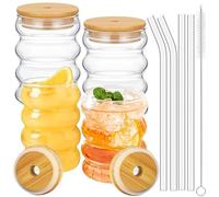 4pcs Ripple Shaped Glasses Set with 4 Lids, 4 Straws, 1 Brush, 350ml Cute Bubble Drinking Cups, Iced Coffee Glass Water Tumblers, Vintage Ribbed Clear Glassware for Soda, Juice,Milk,Tea, Beer,Cocktail