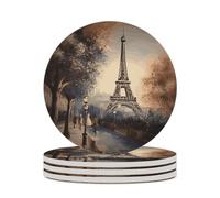 4PCS Romantic Paris Eiffel Tower Coasters Non-Slip Round Drink Coasters with Ceramic Stone and Cork Base, Heat Resistant Absorbent 33.00Stone Coaster Set for Kinds of Mugs and Cups, 4 Inch