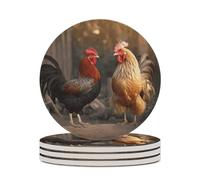 4PCS Rooster and Chicken Coasters Non-Slip Round Drink Coasters with Ceramic Stone and Cork Base, Heat Resistant Absorbent 33.00Stone Coaster Set for Kinds of Mugs and Cups, 4 Inch