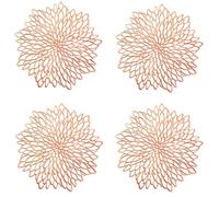4PCS Rose Gold Round Flower Placemat, Pressed Vinyl Placemats, Round Hollow Insulation Placemats and Coaster, for Heat Insulation of Dinner Plates, Table Decoration(Rose Gold)