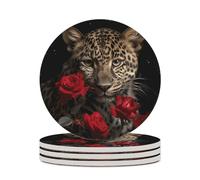 4PCS Rose Leopard Coasters Non-Slip Round Drink Coasters with Ceramic Stone and Cork Base, Heat Resistant Absorbent 33.00Stone Coaster Set for Kinds of Mugs and Cups, 4 Inch