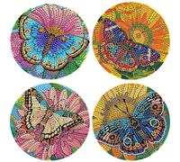 4pcs Round Wooden Placemats, DIY Diamond Art Painting Home Tea Mat Kitchen Placemat, Restaurant Dessert Display, Indoor Table Decoration for Kitchen Dining Table-Butterfly