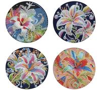 4pcs Round Wooden Placemats, DIY Diamond Art Painting Home Tea Mat Kitchen Placemat, Restaurant Dessert Display, Indoor Table Decoration for Kitchen Dining Table-Colorful Lily