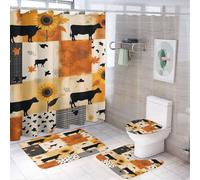4Pcs Rustic Patchwork Cow Sunflower Leaf Square Shower Curtain 72W X 72L, Toilet Lid Cover Non-Slip Rugs and U-Shaped Mat, Colorful Pattern Yellow Bathroom Decor Set with 12 Hooks