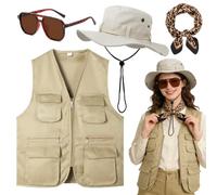 4Pcs Safari Costume Set for Women, Zoo Keeper Costume Accessory with Vest Explorer Hat Scarf Sunglasses for Outdoor Adventures Carnivals Theme Parties Cosplay