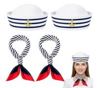 4Pcs Sailor Hats and Scarves Set, Classic White Sailor Hat, Red Edge Blue Bar Square Scarf, Sailor Accessories, Captain Hat for Boat Yacht Party Accessory Halloween Cosplay Dressing up Men Women