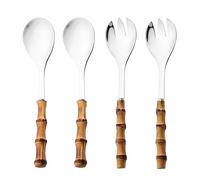 4Pcs Salad Spoon and Fork Set, Long Handle Serving Spoon Fork Bamboo Wooden Handle Kitchen Stainless Steel Tableware Cutlery for Mixing Fruit Pasta Dish Salad Cutlery Set (Silver)