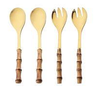 4Pcs Salad Spoon and Fork Set, Long Handle Serving Spoon Fork Bamboo Wooden Handle Kitchen Stainless Steel Tableware Cutlery for Mixing Fruit Pasta Dish Salad Cutlery Set (Gold)