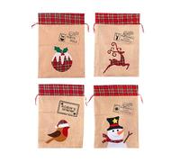 4Pcs Santa Sacks 70x50cm Assorted, Burlap Hessian Linen Christmas Bags, Christmas Pudding, Reindeer, Robin, Snowman Designs, Reusable Xmas Sacks for Family and Home Decorations