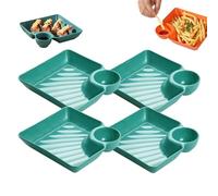 4PCS Sauce Separated Plate, Japanese Dumpling Plate, Dumpling Plate with Compartment Dipping Saucer, Simple Square Design, Easy to Clean, for Sushi, Chips, Fried Chicken Nuggets (Green)