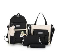 4pcs School Bags Set Kawaii Backpacks for Teen Girls School Backpack School Aesthetic Backpack with Accessories, Black, Large