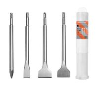 4Pcs SDS Plus Chisel Bits Set, 1 Flat, 1 Pointed, 1 Spade and 1 Tile Chisel | Fit for Hammer & Impact Drills, SDS Plus Round Shank, Heavy Duty Chisels for Concrete, Brick, Cement, Stone & Masonry Removal