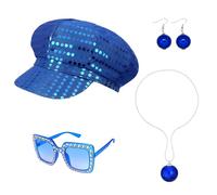 4Pcs Sequin Abba Blue Hat for Adults, 70s Abba Accessories with Blue Hat Sunglasses Earrings Abba Costume Set for Women Theme Party Birthday Dance