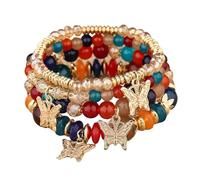 4Pcs Set Bohemian Butterfly Crystal Stone Stretch Pendant Bracelets for Women Gold Beaded Stackable Stretch Bracelet Colorful Charm Jewelry Boho Summer Beach, metal bead stone, stone