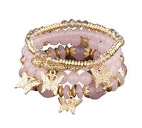 4Pcs Set Bohemian Butterfly Crystal Stone Stretch Pendant Bracelets for Women Gold Beaded Stackable Stretch Bracelet Colorful Charm Jewelry Boho Summer Beach, Adjustable, metal bead, stone