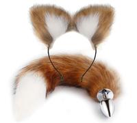 4Pcs/Set Butt Tail Buttplug Fox Pigtail Anal Plug and Ears Erotic Nipples Clip with Bell Cat Ears Sex Game Toys for Couple Adults Women Men Brown S 27Mm