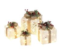 4Pcs/Set Christmas Lighted Gift Boxes Battery Powered Box Decor with Ribbon, Berry, Pinecone & Pine Needle Christmas Decorations for Xmas Tree, Party, Mall