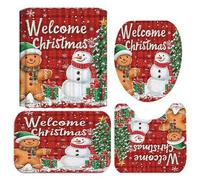 4PCS/Set Christmas Shower Curtain Set Gingerbread Man Snowman Christmas Bathroom with Toilet Lid Cover Bathroom Rugs Waterproof Shower Curtain with Hooks