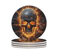 4PCS Shattering of Skull Coasters Non-Slip Round Drink Coasters with Ceramic Stone and Cork Base, Heat Resistant Absorbent 33.00Stone Coaster Set for Kinds of Mugs and Cups, 4 Inch