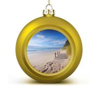 4PCS Shatterproof Christmas Ball Ornaments 3 Inch PC Plastic Xmas Tree Hanging Decor, Beach Scenery Ornaments with Festive Designs for Tree & Home Decor, Golden-Style