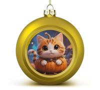 4PCS Shatterproof Christmas Ball Ornaments 3 Inch PC Plastic Xmas Tree Hanging Decor, Cute Fantasy Cat Pumpkin Ornaments with Festive Designs for Tree & Home Decor, Golden-Style