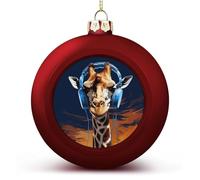 4PCS Shatterproof Christmas Ball Ornaments 3 Inch PC Plastic Xmas Tree Hanging Decor, Giraffe Wearing Headphones Ornaments with Festive Designs for Tree & Home Decor, Red-Style
