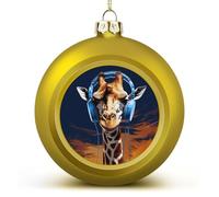 4PCS Shatterproof Christmas Ball Ornaments 3 Inch PC Plastic Xmas Tree Hanging Decor, Giraffe Wearing Headphones Ornaments with Festive Designs for Tree & Home Decor, Golden-Style