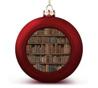 4PCS Shatterproof Christmas Ball Ornaments 3 Inch PC Plastic Xmas Tree Hanging Decor, Library Bookshelf Ornaments with Festive Designs for Tree & Home Decor, Red-Style