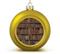 4PCS Shatterproof Christmas Ball Ornaments 3 Inch PC Plastic Xmas Tree Hanging Decor, Library Bookshelf Ornaments with Festive Designs for Tree & Home Decor, Golden-Style