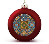 4PCS Shatterproof Christmas Ball Ornaments 3 Inch PC Plastic Xmas Tree Hanging Decor, Mexican Ceramic Tile Ornaments with Festive Designs for Tree & Home Decor, Red-Style