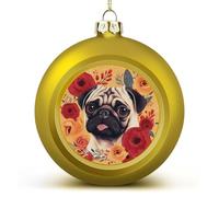 4PCS Shatterproof Christmas Ball Ornaments 3 Inch PC Plastic Xmas Tree Hanging Decor, Pug Flower Ornaments with Festive Designs for Tree & Home Decor, Golden-Style