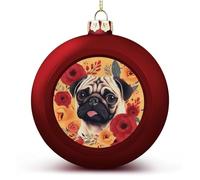 4PCS Shatterproof Christmas Ball Ornaments 3 Inch PC Plastic Xmas Tree Hanging Decor, Pug Flower Ornaments with Festive Designs for Tree & Home Decor, Red-Style
